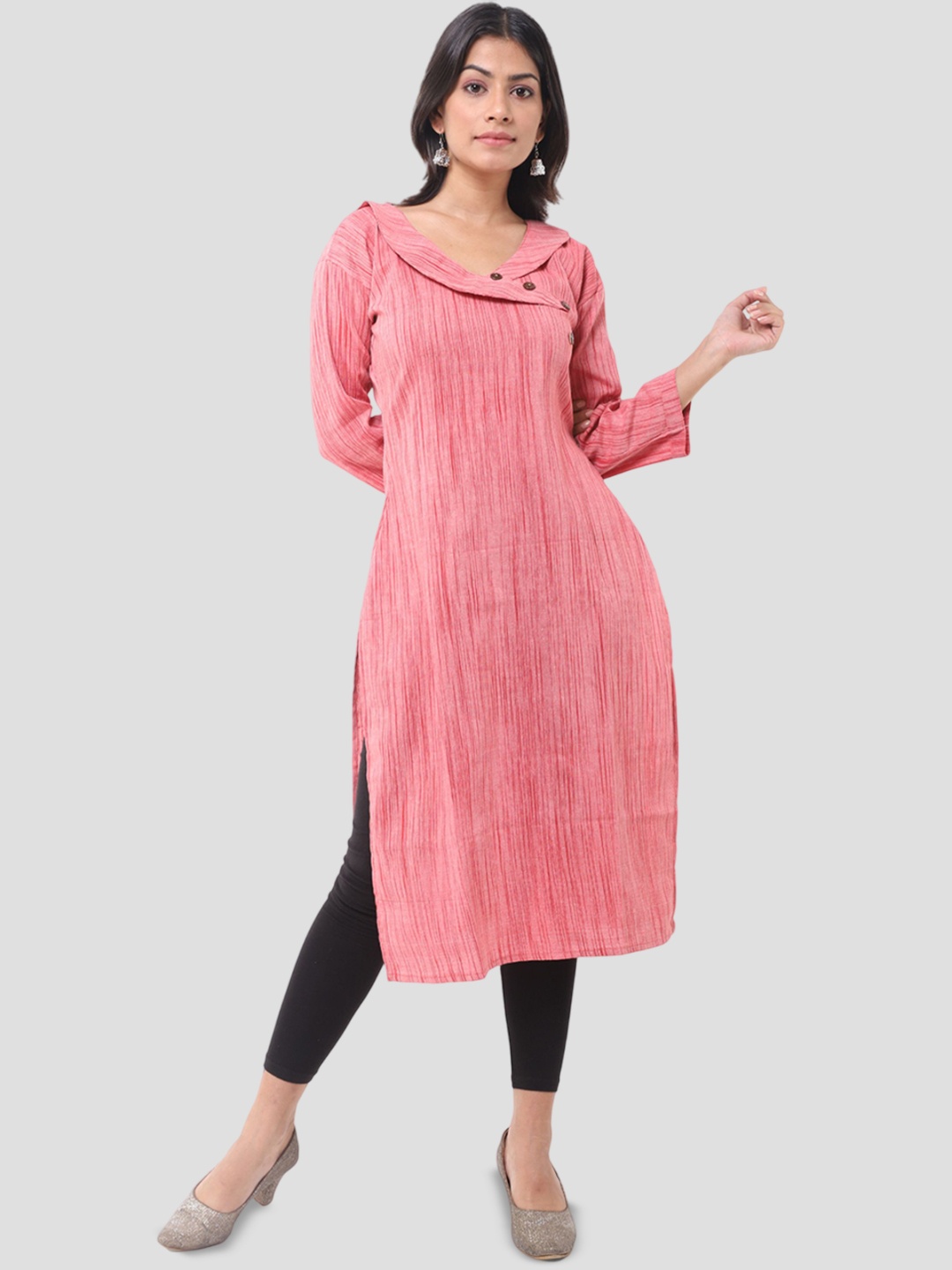 

DESHBANDHU DBK Woven Design Shawl Neck Pure Cotton Staright Kurta, Pink