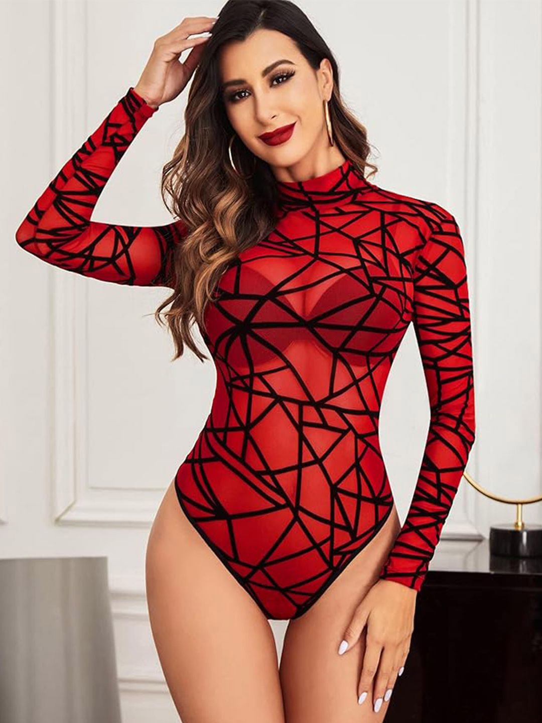

Softwrap Printed High Neck Bodysuit, Red