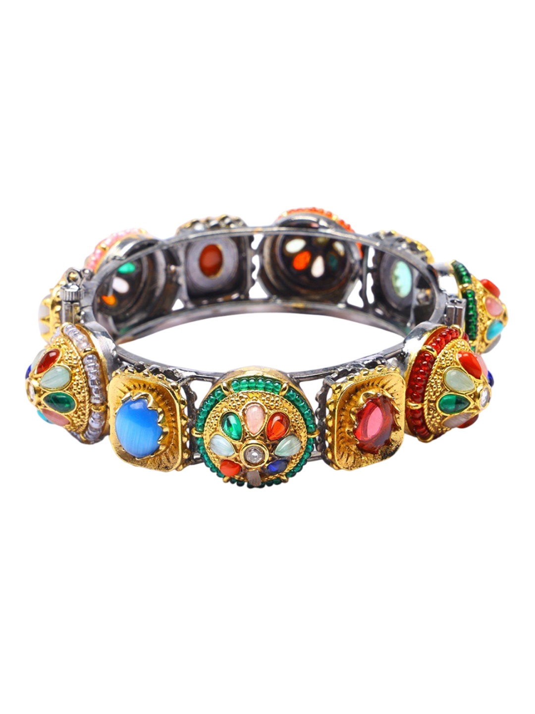 

Exotic India Real Gemstone Studded Openable Bangle, Gold