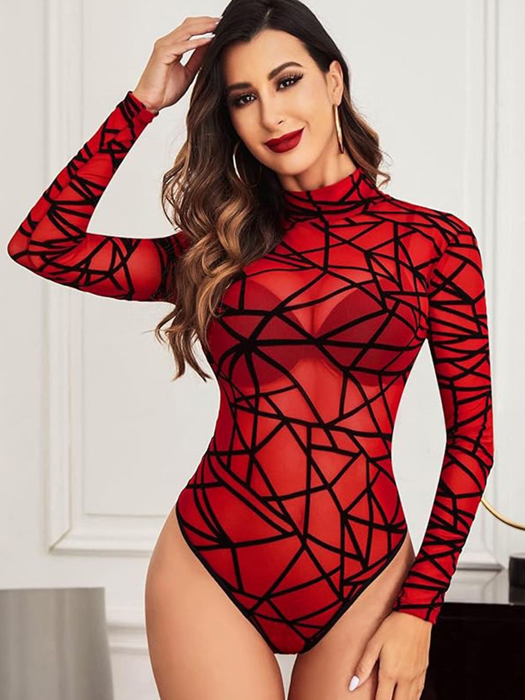 

Xivir Women Printed Mock Neck Bodysuit, Red