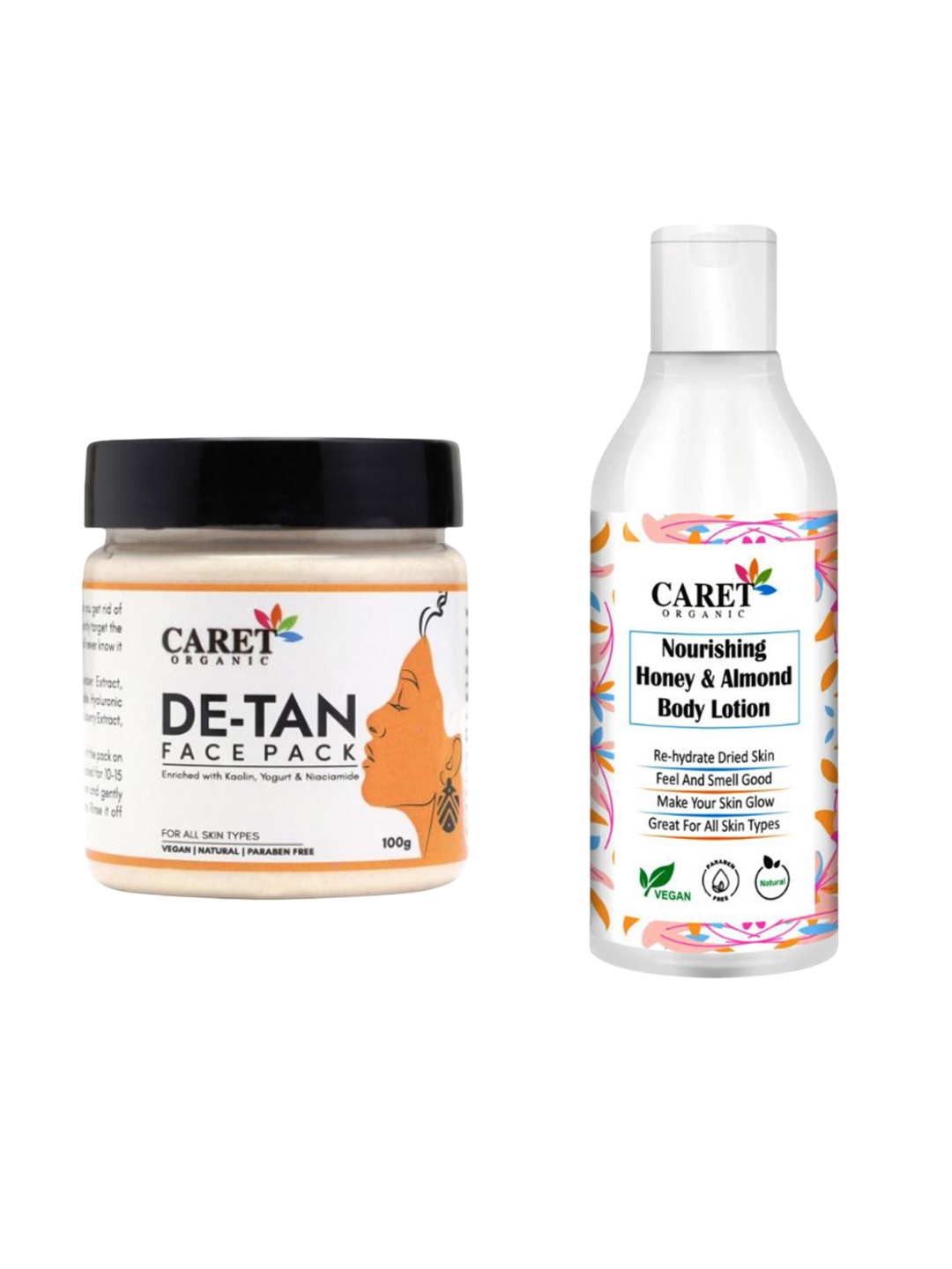 

CARET ORGANIC Set Of 2 De-Tan Face Pack -100 g & Honey & Almond Body Lotion -250 ml, White