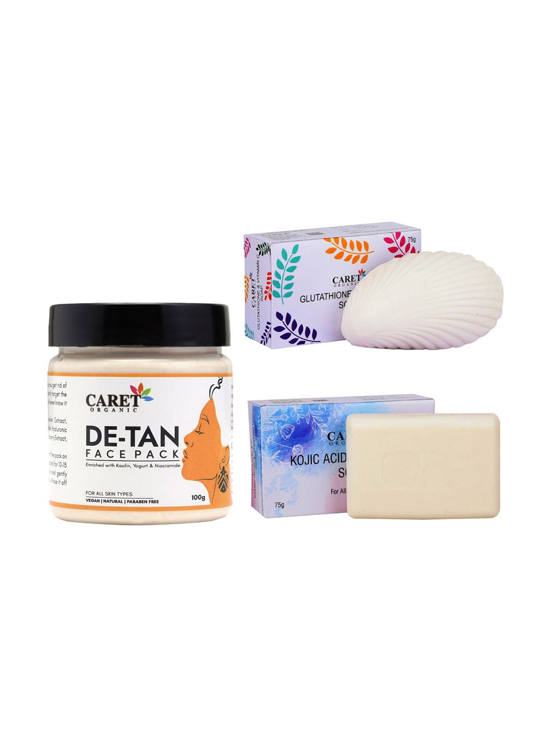 

CARET ORGANIC Set Of 3 De-Tan Face Pack - 100 g & Glutathione & Vitamin C Soap - 75 g Each, White