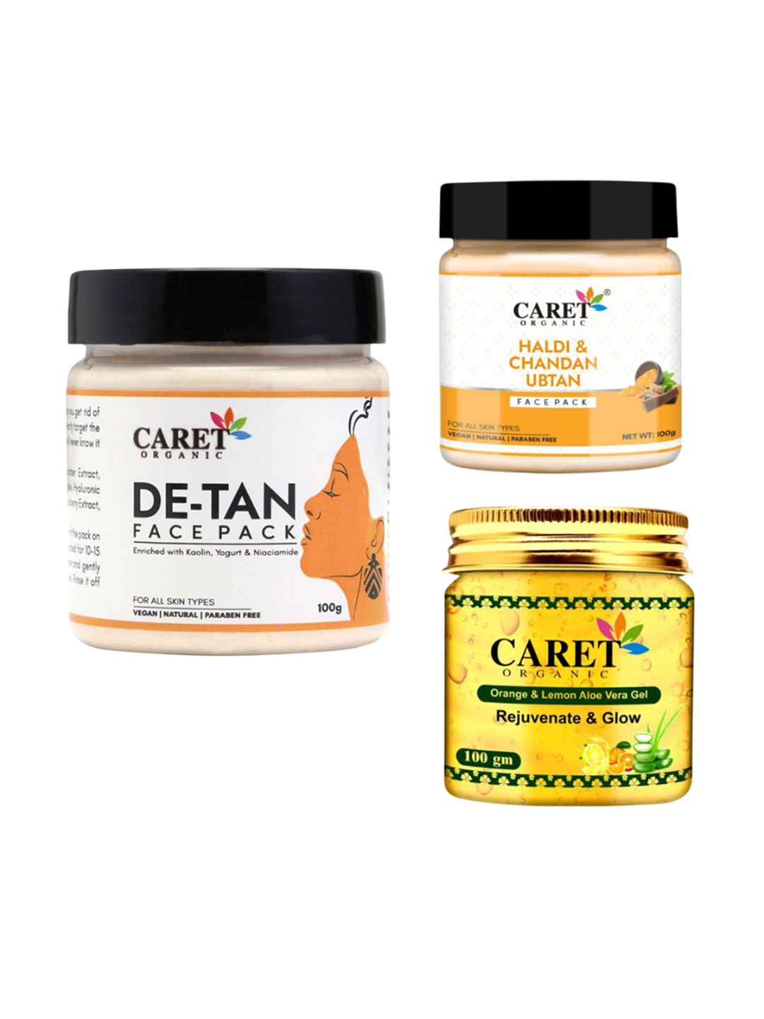 

CARET ORGANIC Set Of 3 De-Tan Face Pack, Haldi Chandan Pack & Lemon Gel - 100 g Each, White