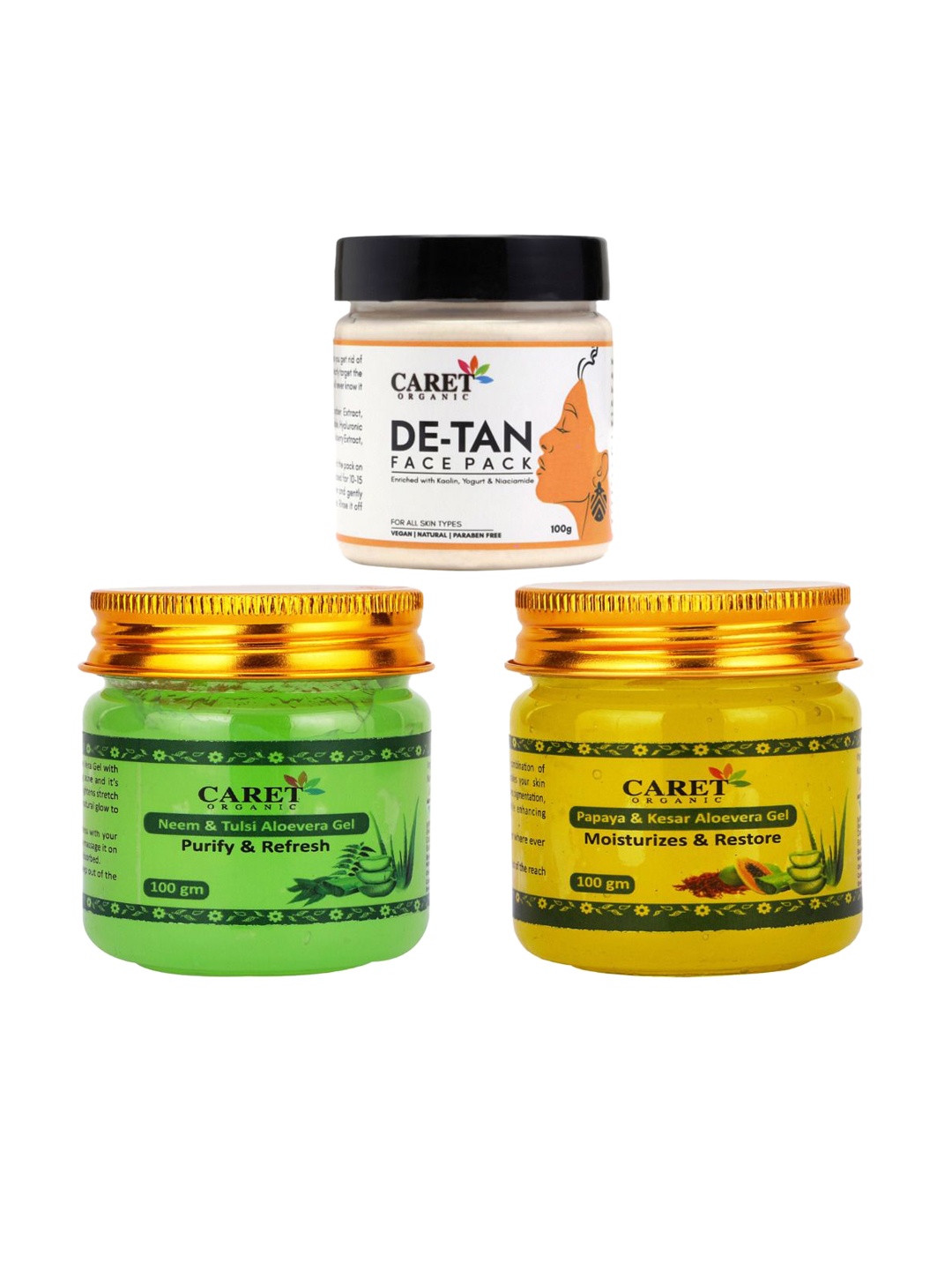 

CARET ORGANIC Set Of 3 De-Tan Face Pack , Papaya Kesar Gel & Neem Aloevera Gel-100 g Each, White