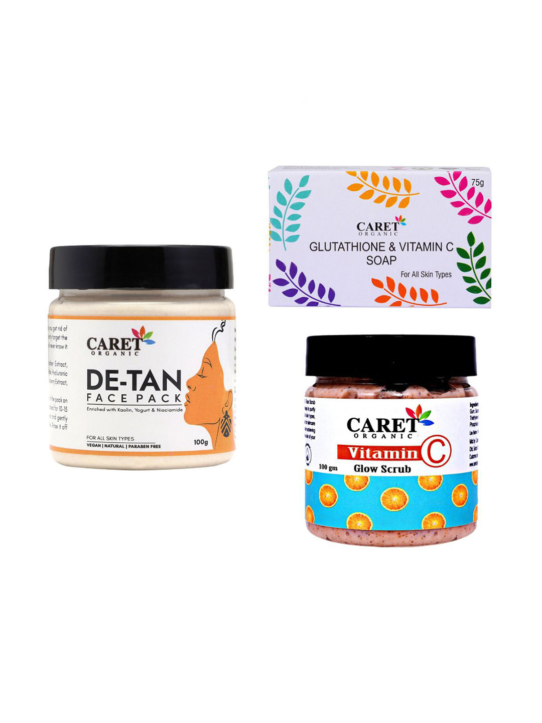 

CARET ORGANIC Set Of 3 De-Tan Face Pack- Vitamin C Scrub- 100g Each & Glutathione Soap-75g, White