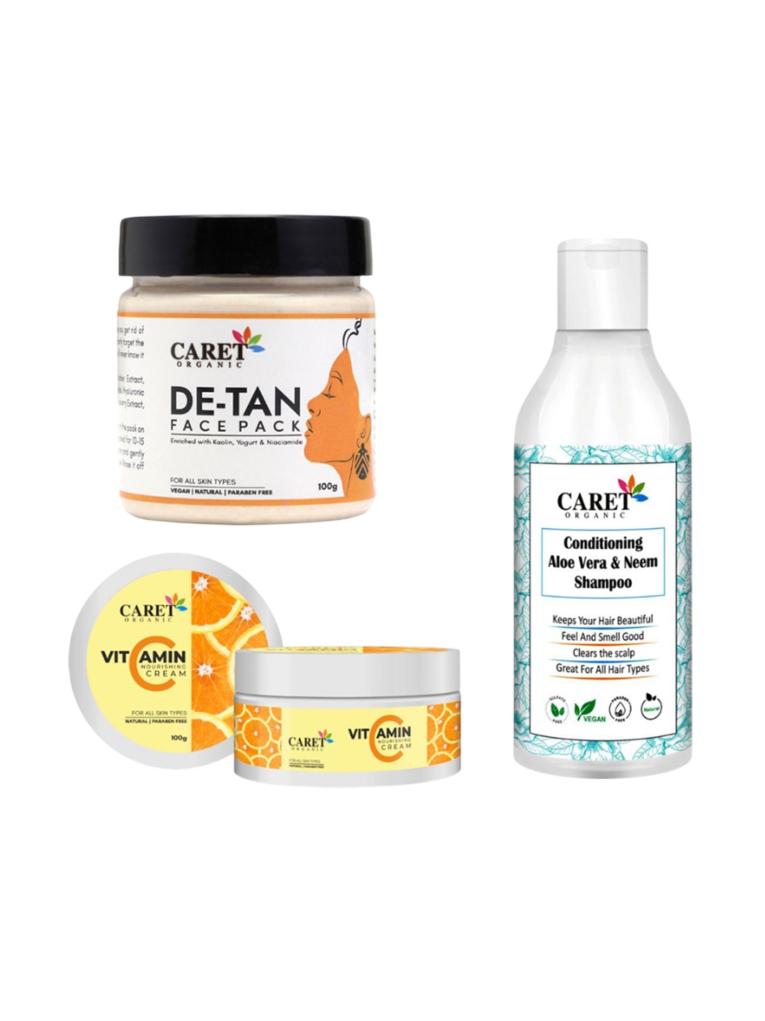 

CARET ORGANIC Set Of 3 De-Tan Face Pack With Vitamin C Cream & Aloevera & Neem Shampoo, White