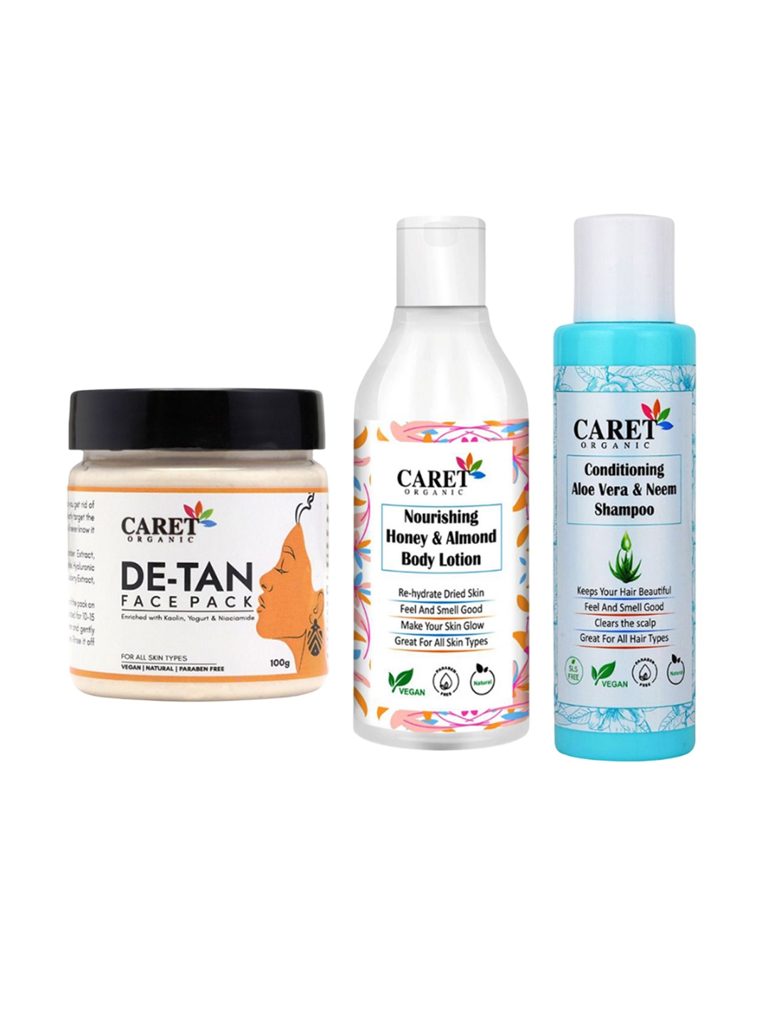 

CARET ORGANIC Set Of 3 De-Tan Face Pack With Honey Body Lotion & Aloevera Shampoo, White