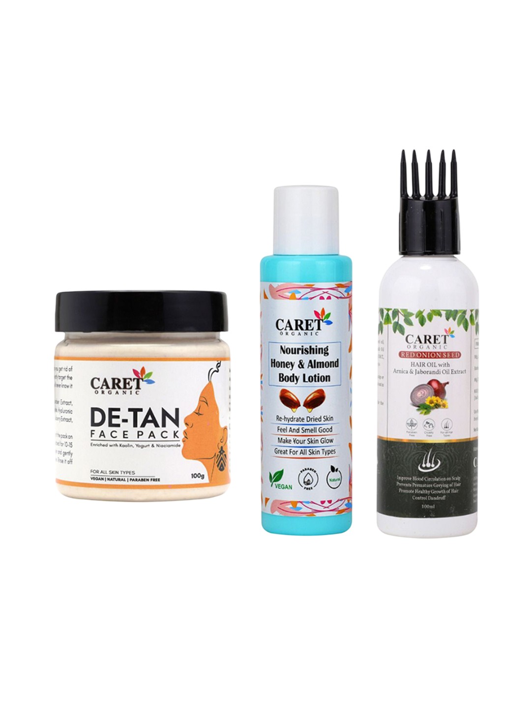 

CARET ORGANIC Set Of 3 Face Pack, Red Onion Hair Oil & Honey Body Lotion - 100 ml Each, White