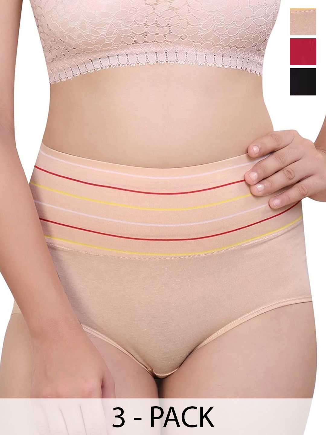 

SHREE GANESH FASHION Women Pack of 3 High-Rise Hipster Briefs 2076 BK-CR-MR 003 M, Black