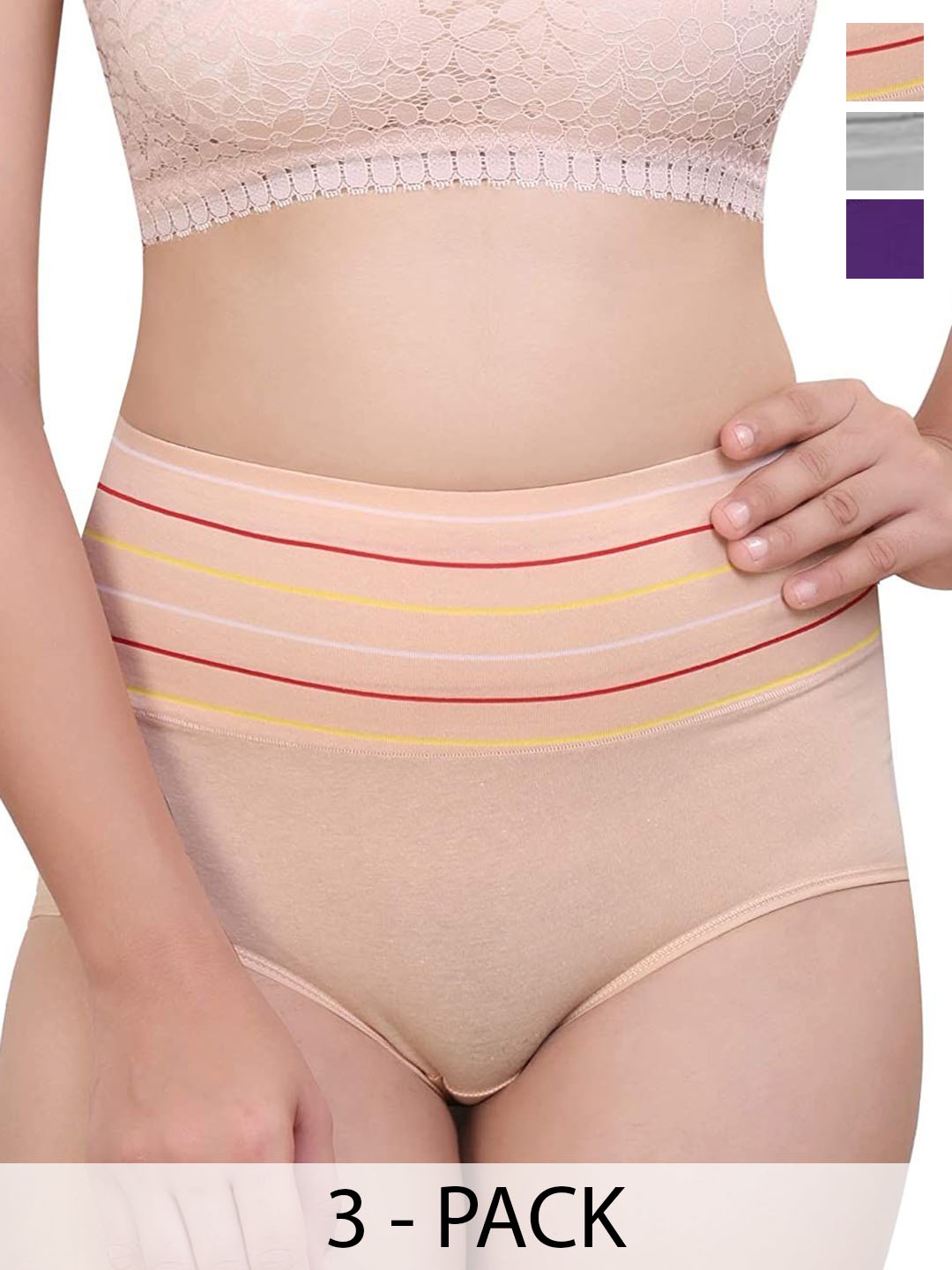 

SHREE GANESH FASHION Women Pack Of 3 Mid-Rise Hipster Briefs 2076 CR-GR-PR 003 M, Cream