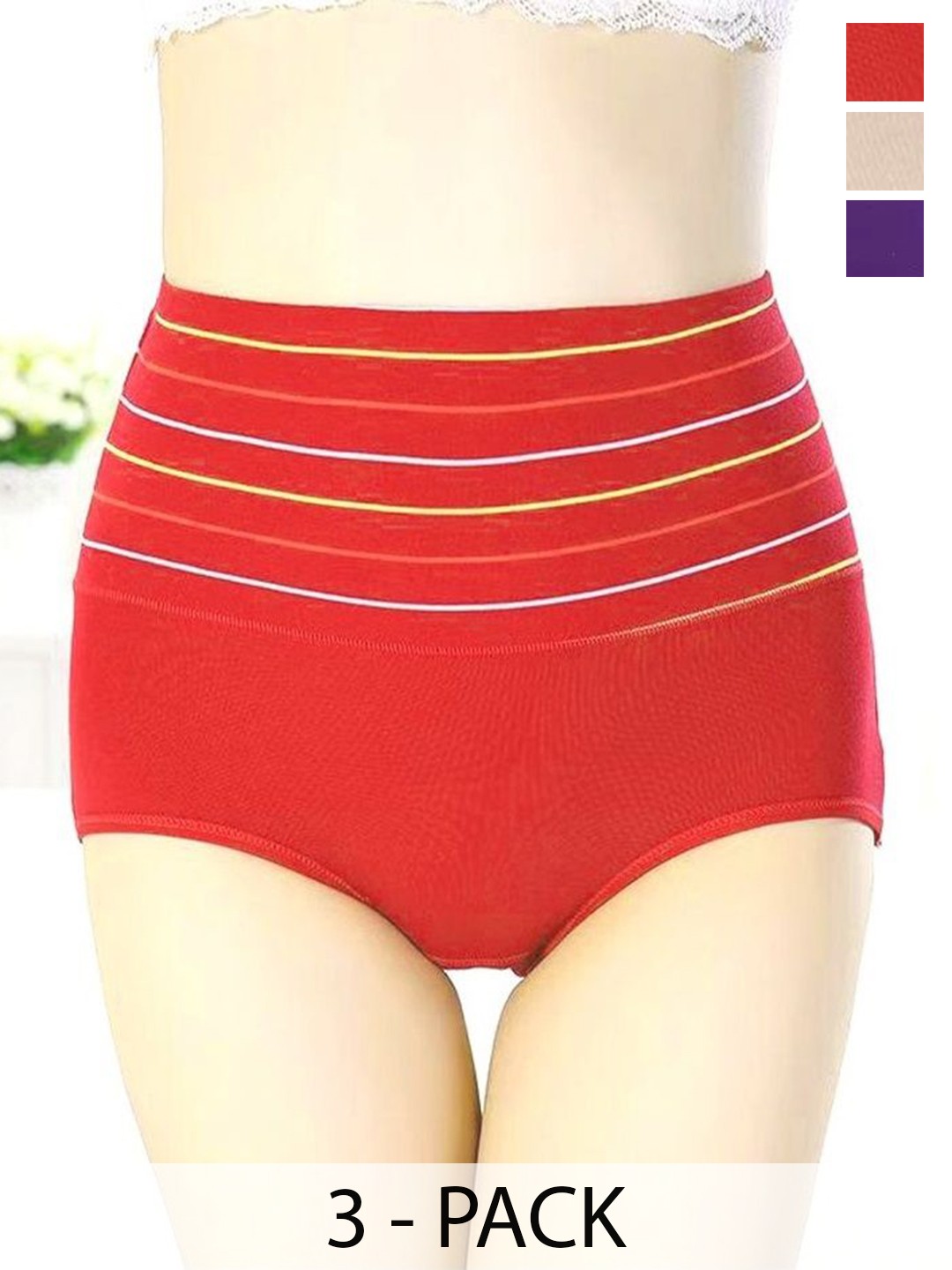 

SHREE GANESH FASHION Women Pack Of 3 Striped High-Rise Hipster Briefs 2076 CR-PR-RD 003 M, Cream