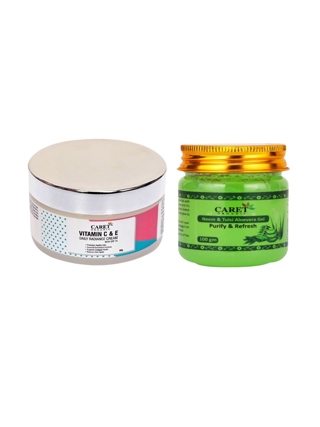 

CARET ORGANIC Set Of 2 Daily Radiance Cream - 50 g & Aloevera, Neem Gel - 100 g, White