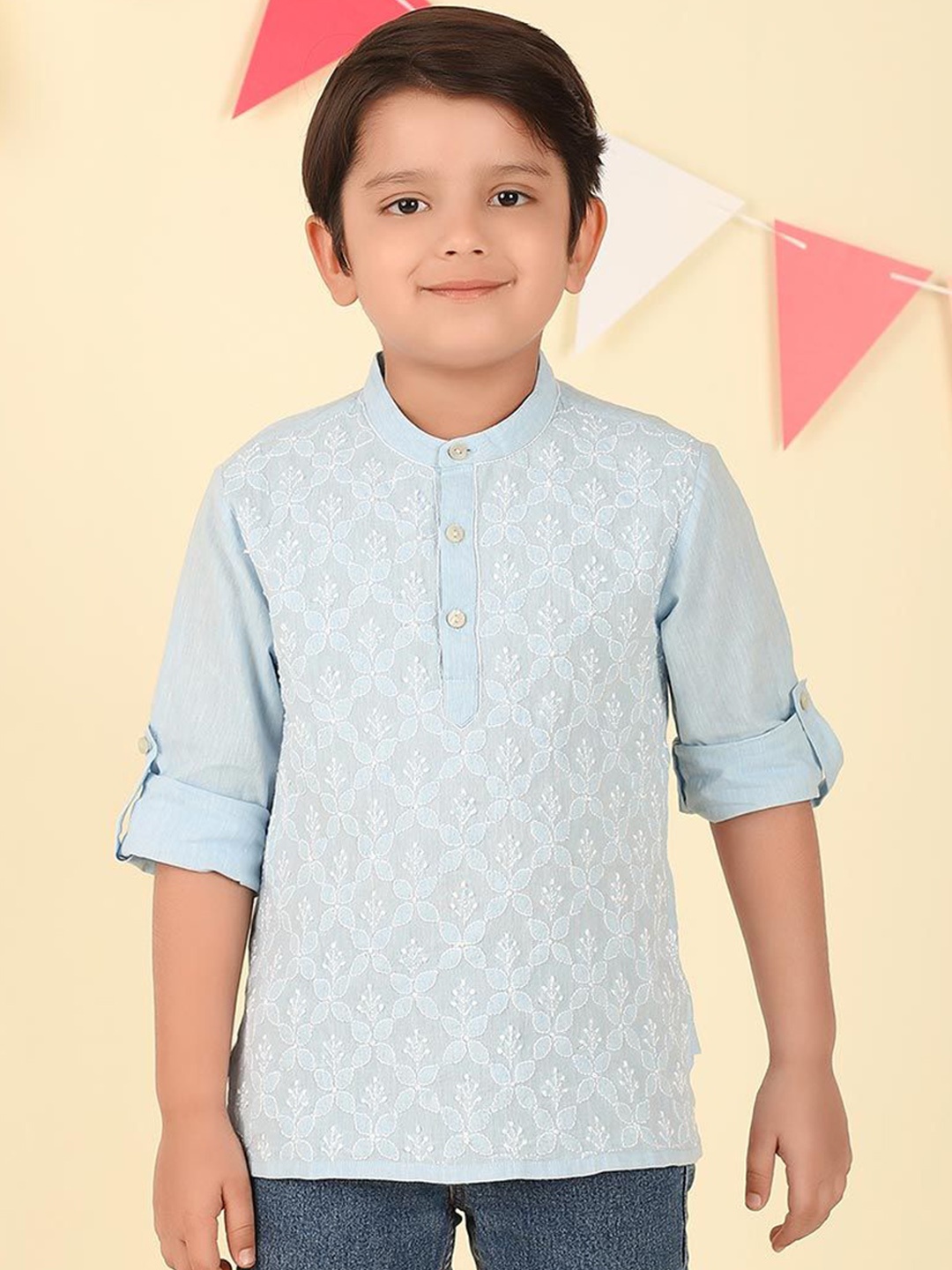 

Fabindia Boys Floral Embroidered Cotton Chikankari Band Collar Short Kurta, Blue