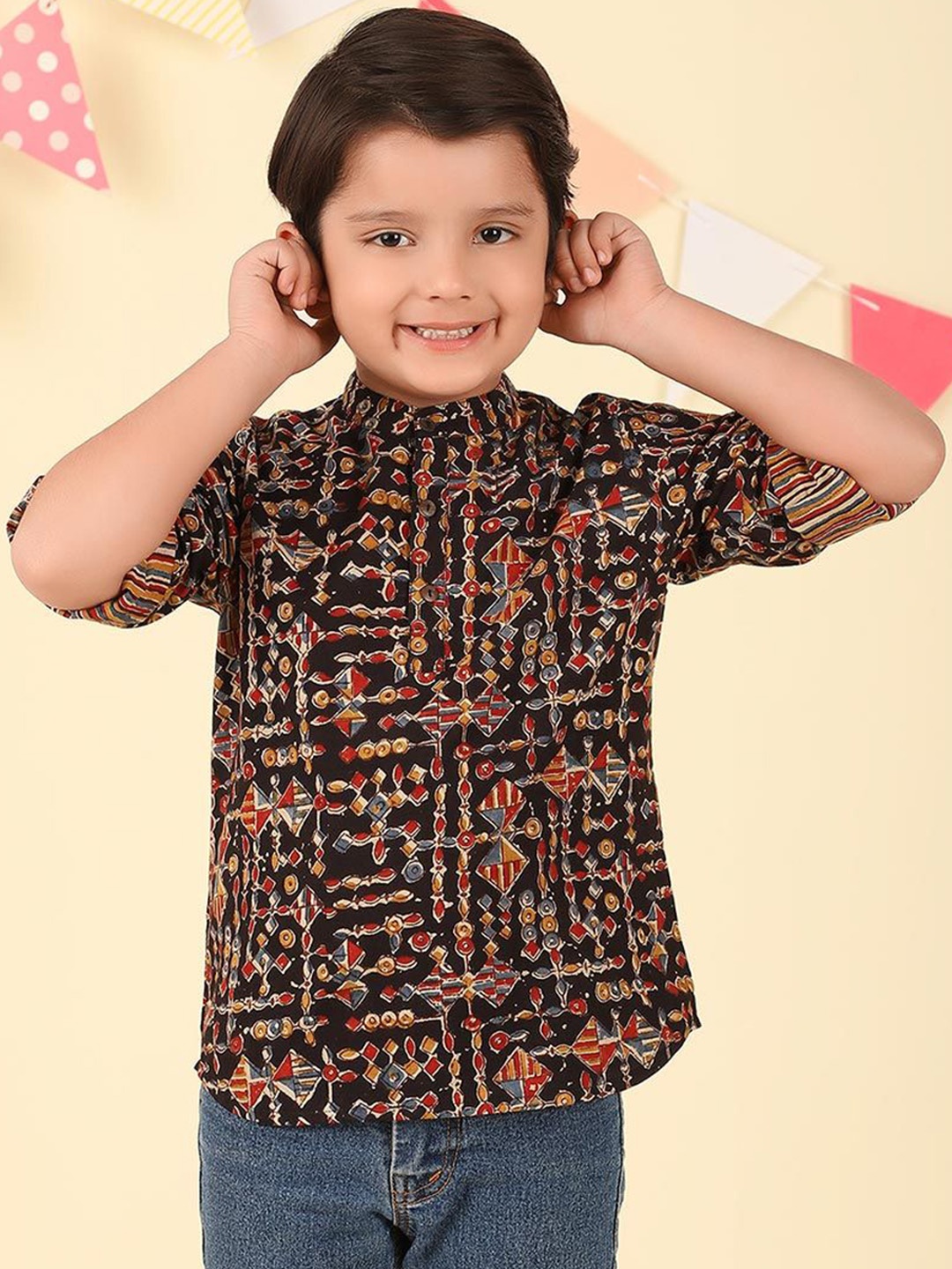 

Fabindia Boys Ethnic Motifs Printed Cotton Band Collar Short Kurta, Black