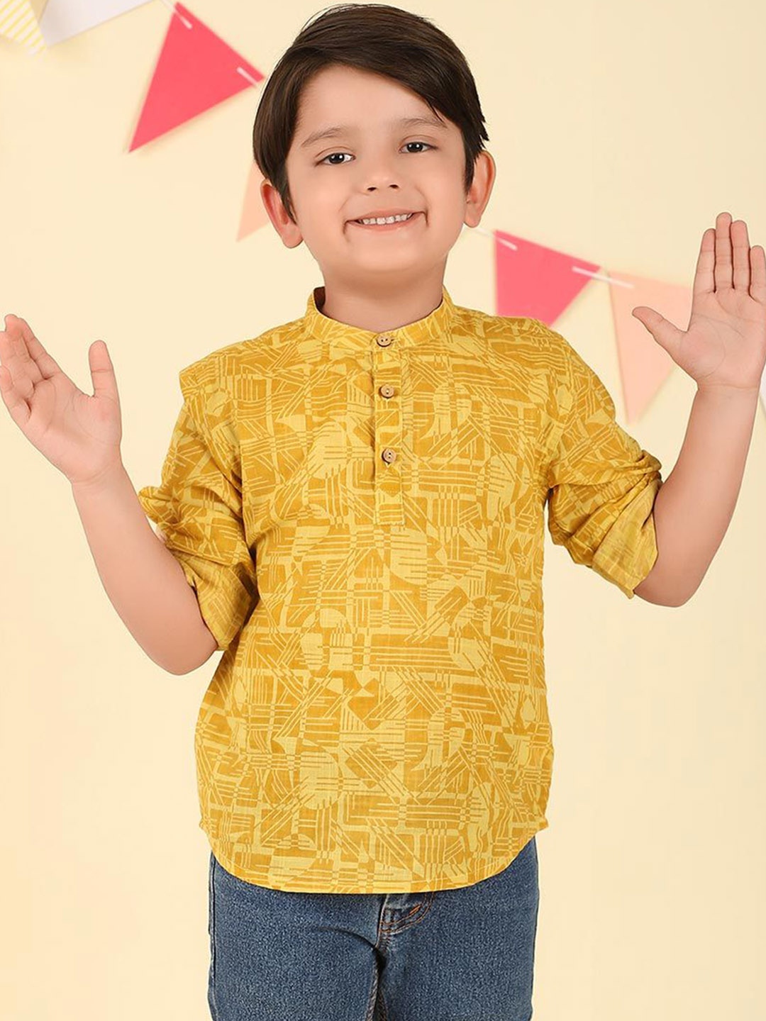 

Fabindia Boys Geometric Printed Band Collar Straight Kurta, Mustard