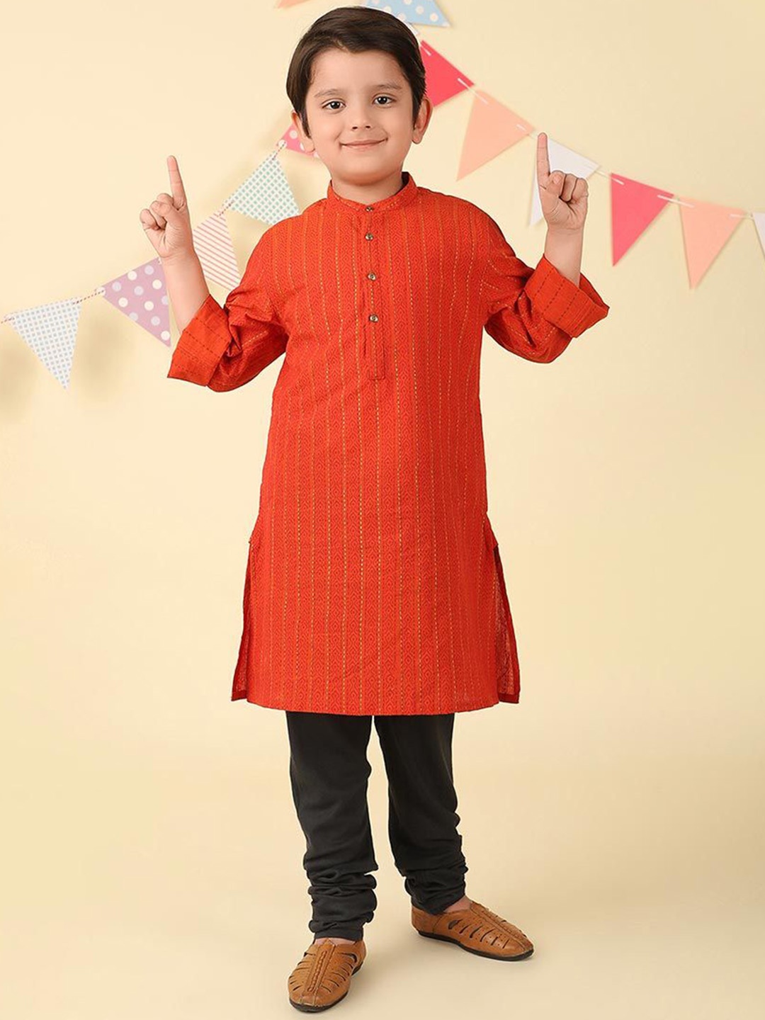 

Fabindia Boys Striped Embroidered Cotton Band Collar Straight Kurta, Orange