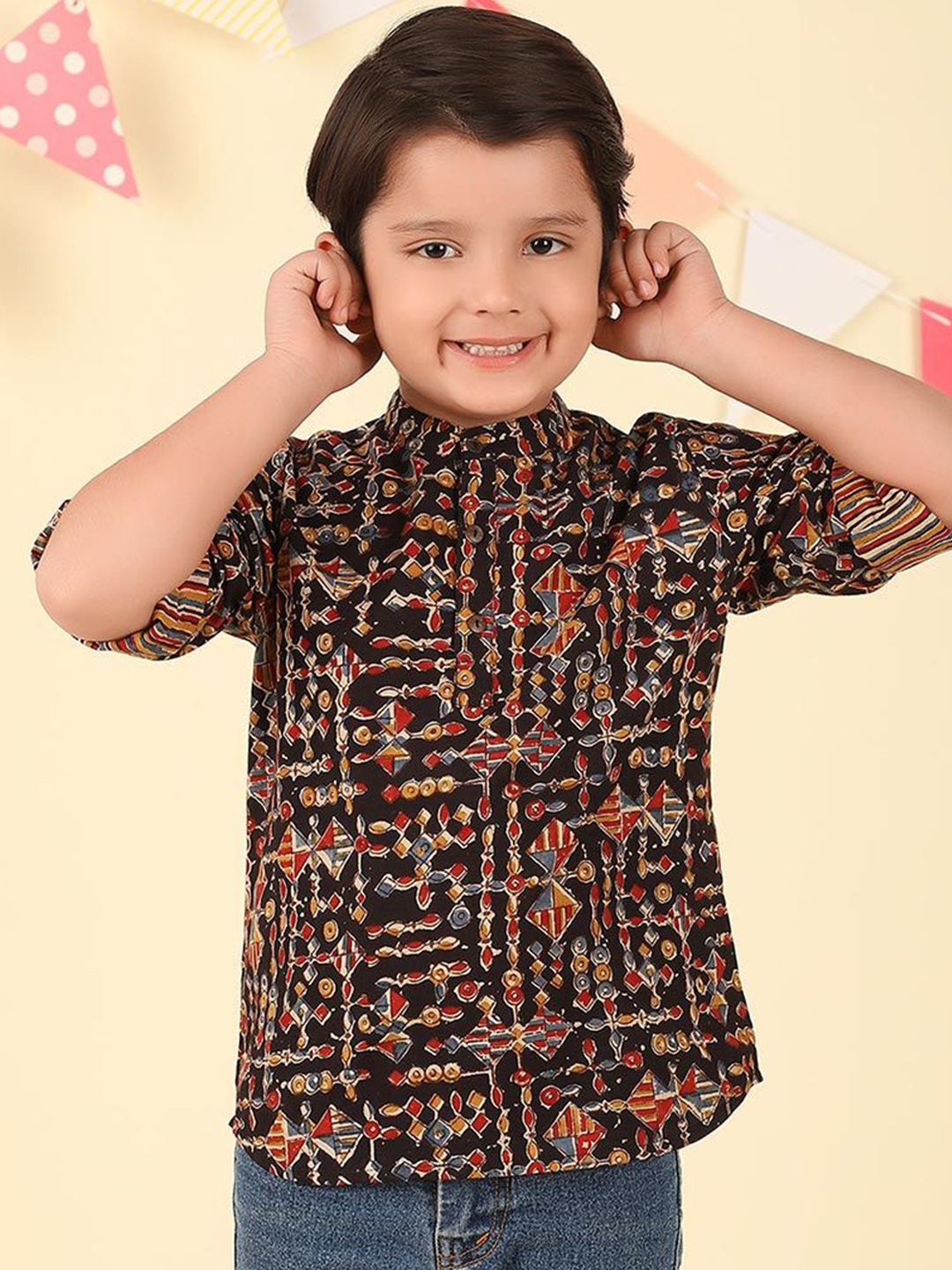 

Fabindia Boys Ethnic Motifs Printed Cotton Band Collar Short Kurta, Black