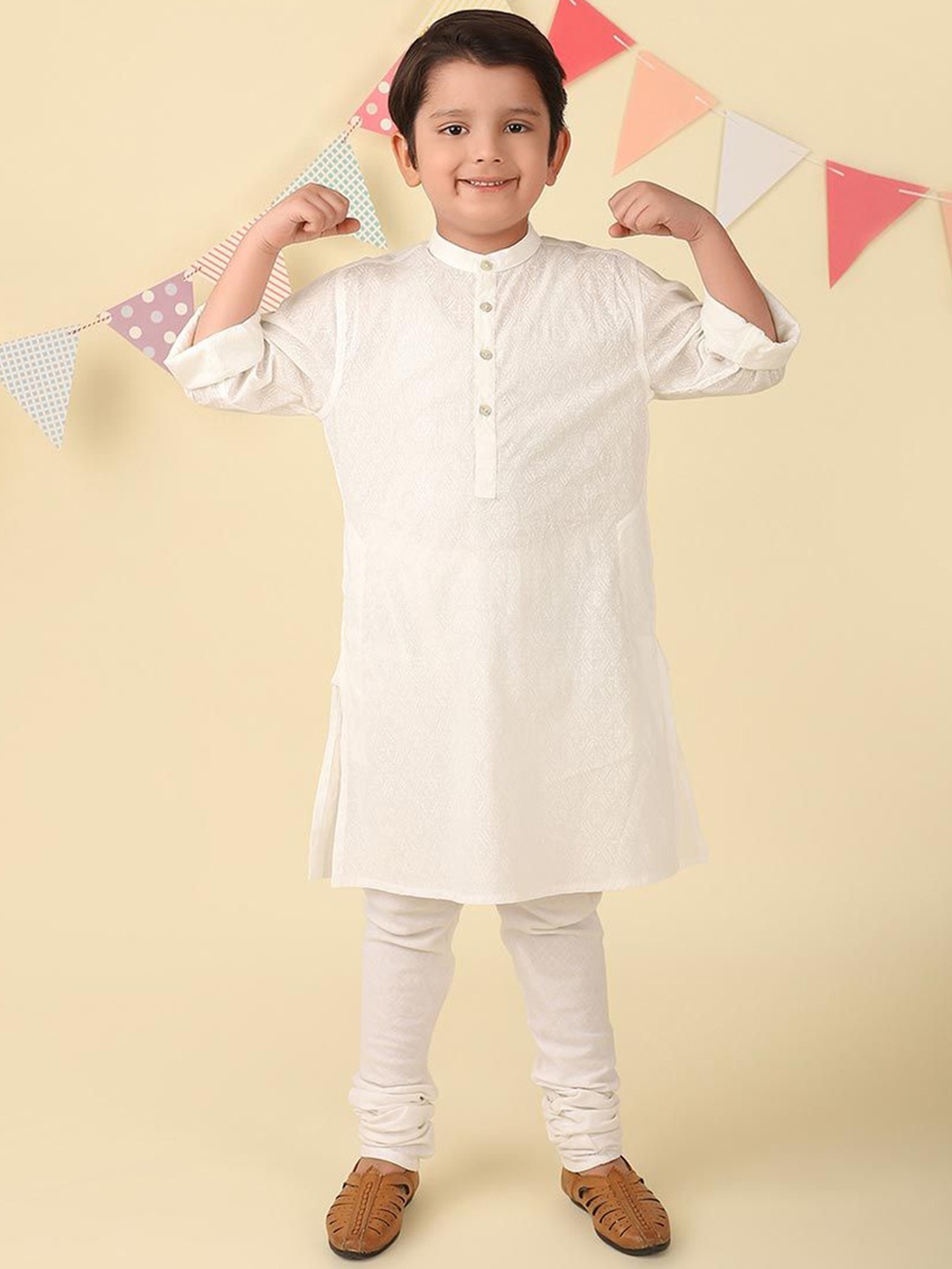 

Fabindia Boys Floral Printed Cotton Band Collar Straight Kurta, White