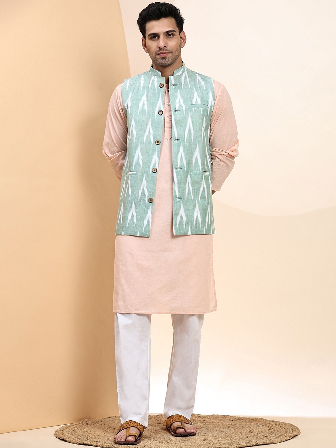 

Moda Rapido Mandarin Collar Pure Cotton Kurta With Pyjamas And Nehru Jacket, Peach