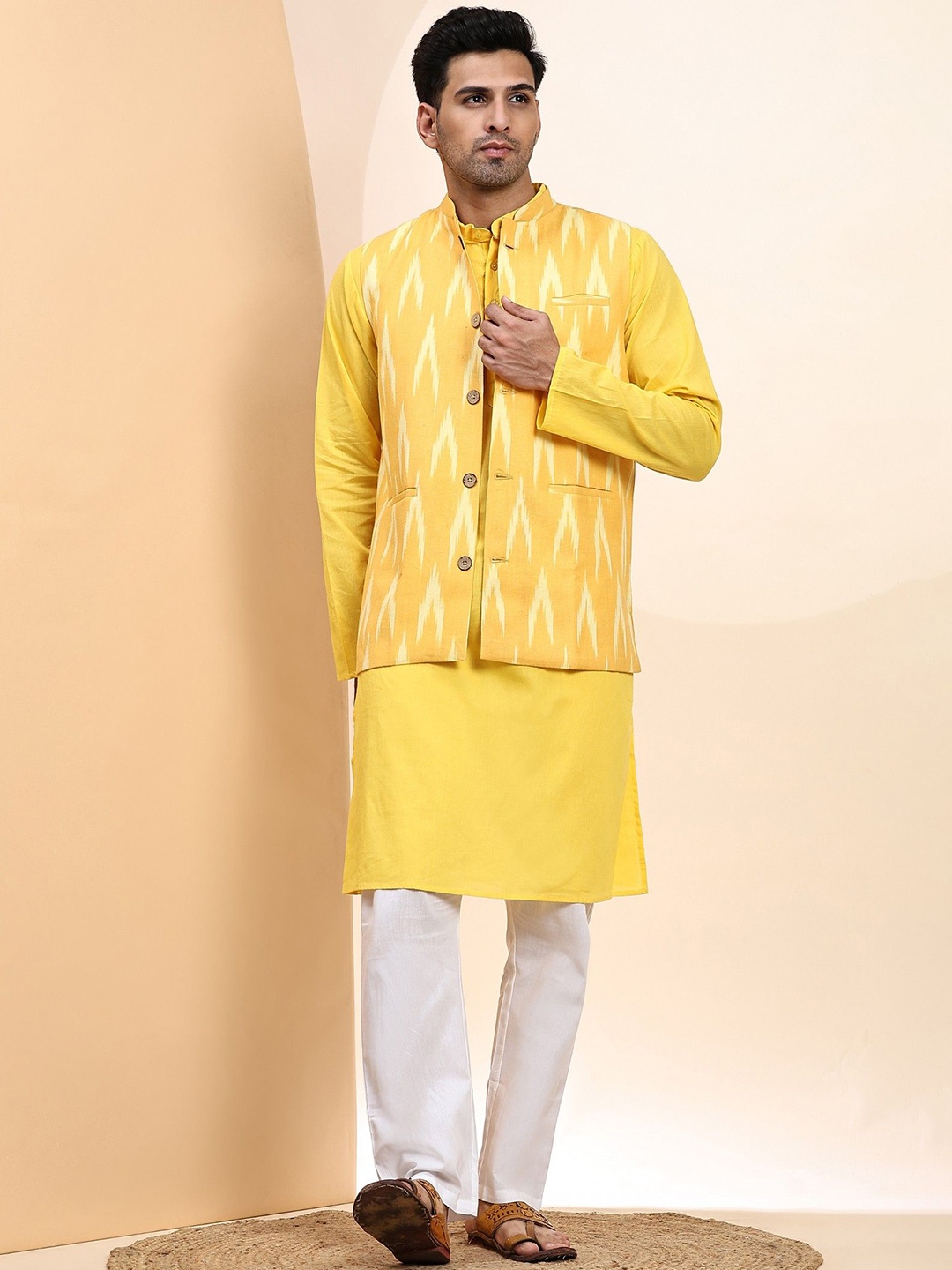 

Moda Rapido Mandarin Collar Pure Cotton Kurta With Pyjamas And Nehru Jacket, Yellow