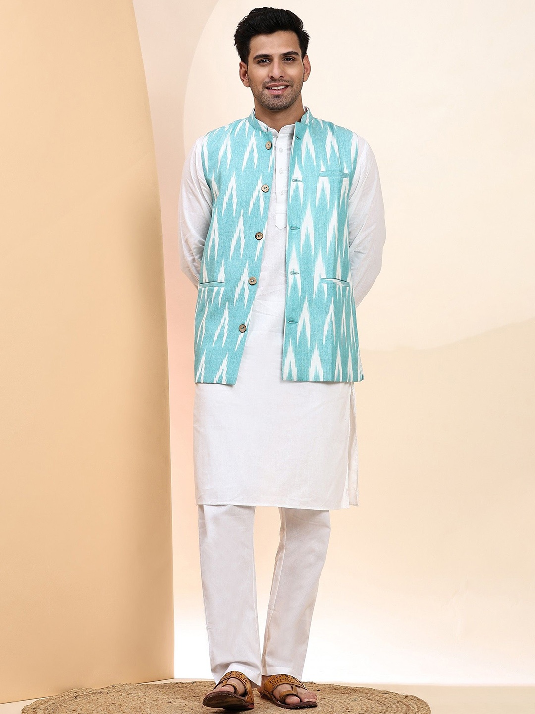 

Moda Rapido Mandarin Collar Pure Cotton Kurta With Pyjamas And Nehru Jacket, White