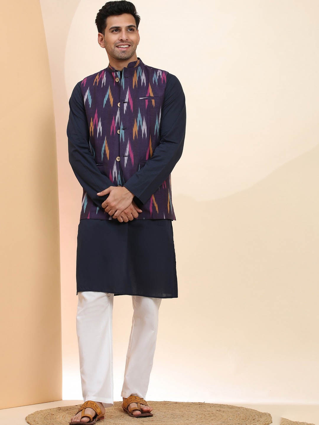 

Moda Rapido Woven Design Band Collar Pure Cotton Straight Kurta With Pyjama & Nehru Jacket, Black