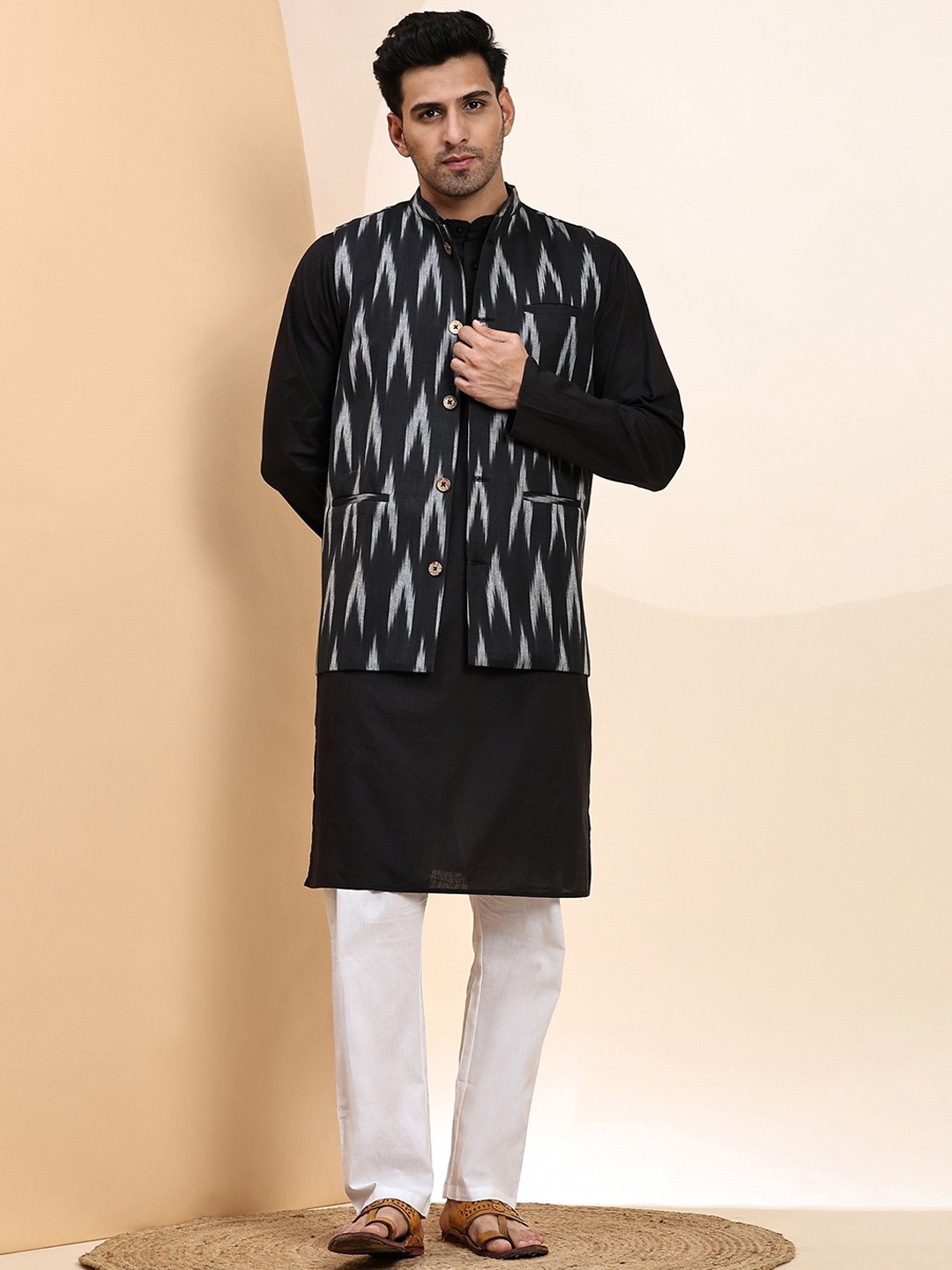 

Moda Rapido Mandarin Collar Pure Cotton Kurta With Pyjamas And Nehru Jacket, Black