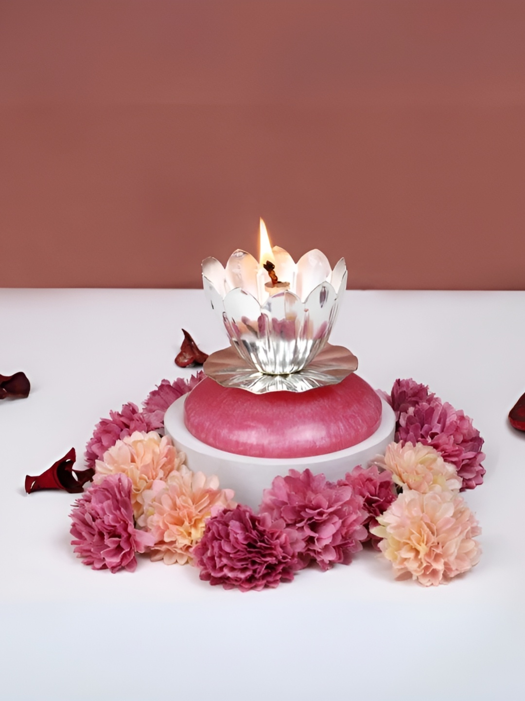 

THE HOME CO. Silver-Toned and Pink Small Diya With Base
