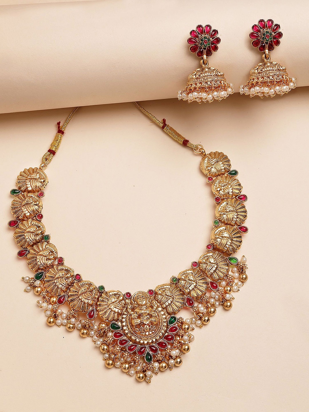 

KARATCART Gold-Plated Kundan-Studded Laxmi Mata and Peacock Temple Necklace and Earrings