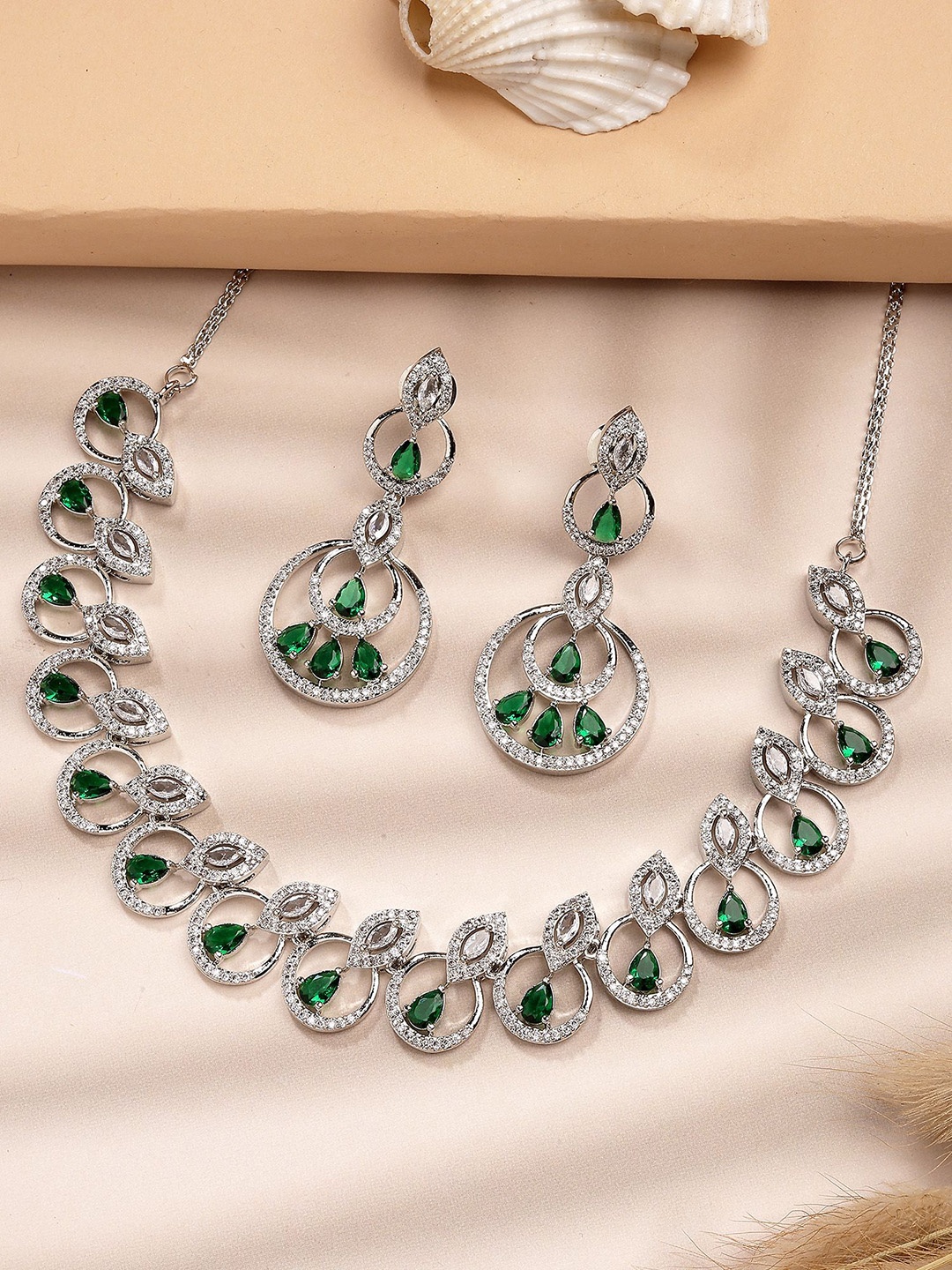 

KARATCART Silver-Plated American Diamond Studded Elegant Necklace and Earrings