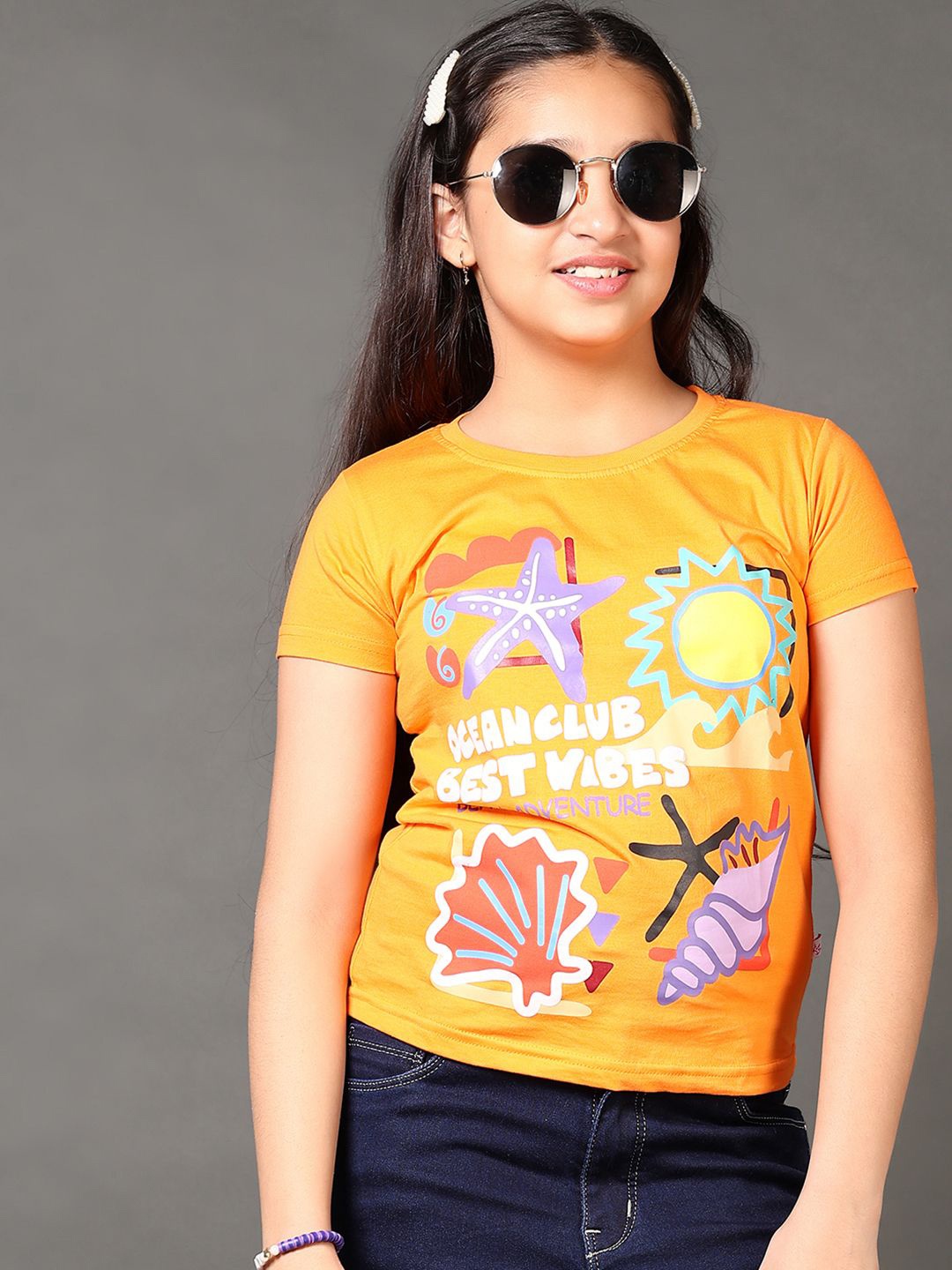 

V-Mart Girls Graphic Printed Round Neck Cotton T-shirt, Mustard