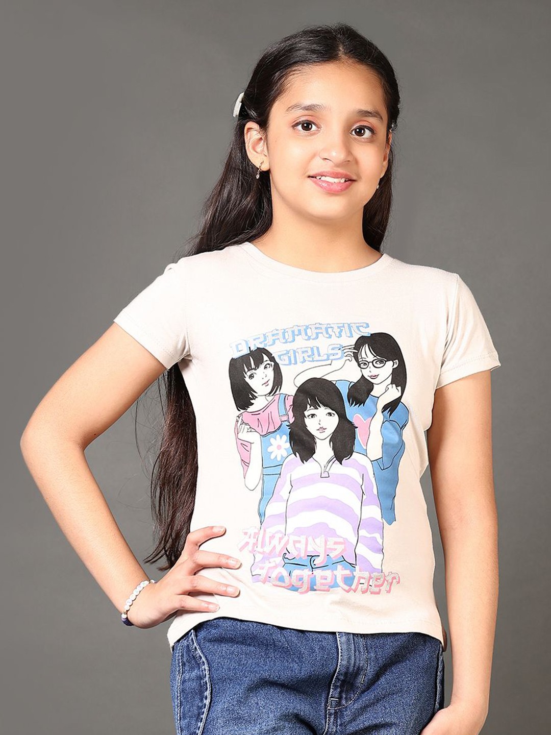 

V-Mart Girls Graphic Printed Round Neck Cotton T-shirt, Cream