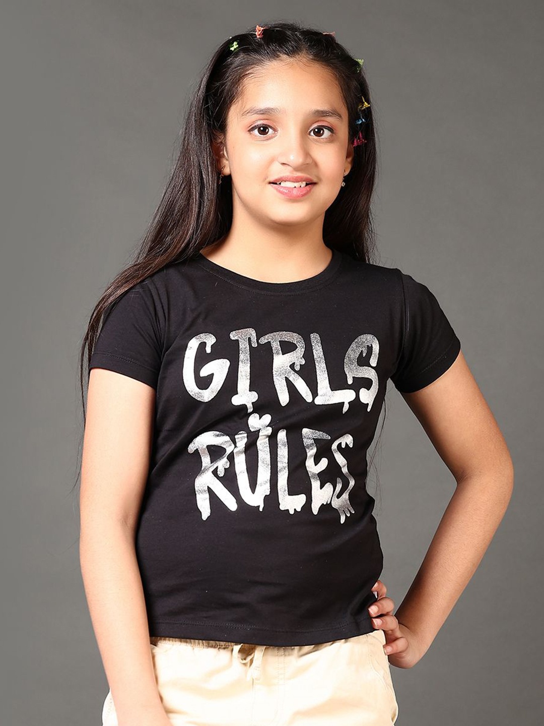 

V-Mart Girls Typography Printed Round Neck Cotton T-shirt, Black