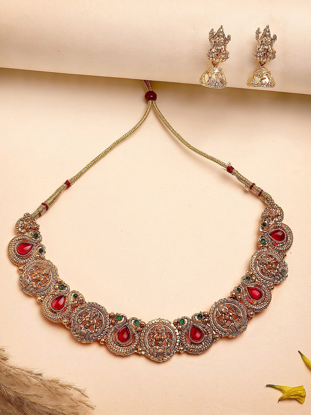 

KARATCART Gold-Plated Kundan Studded Laxmi Mata Necklace and Earrings