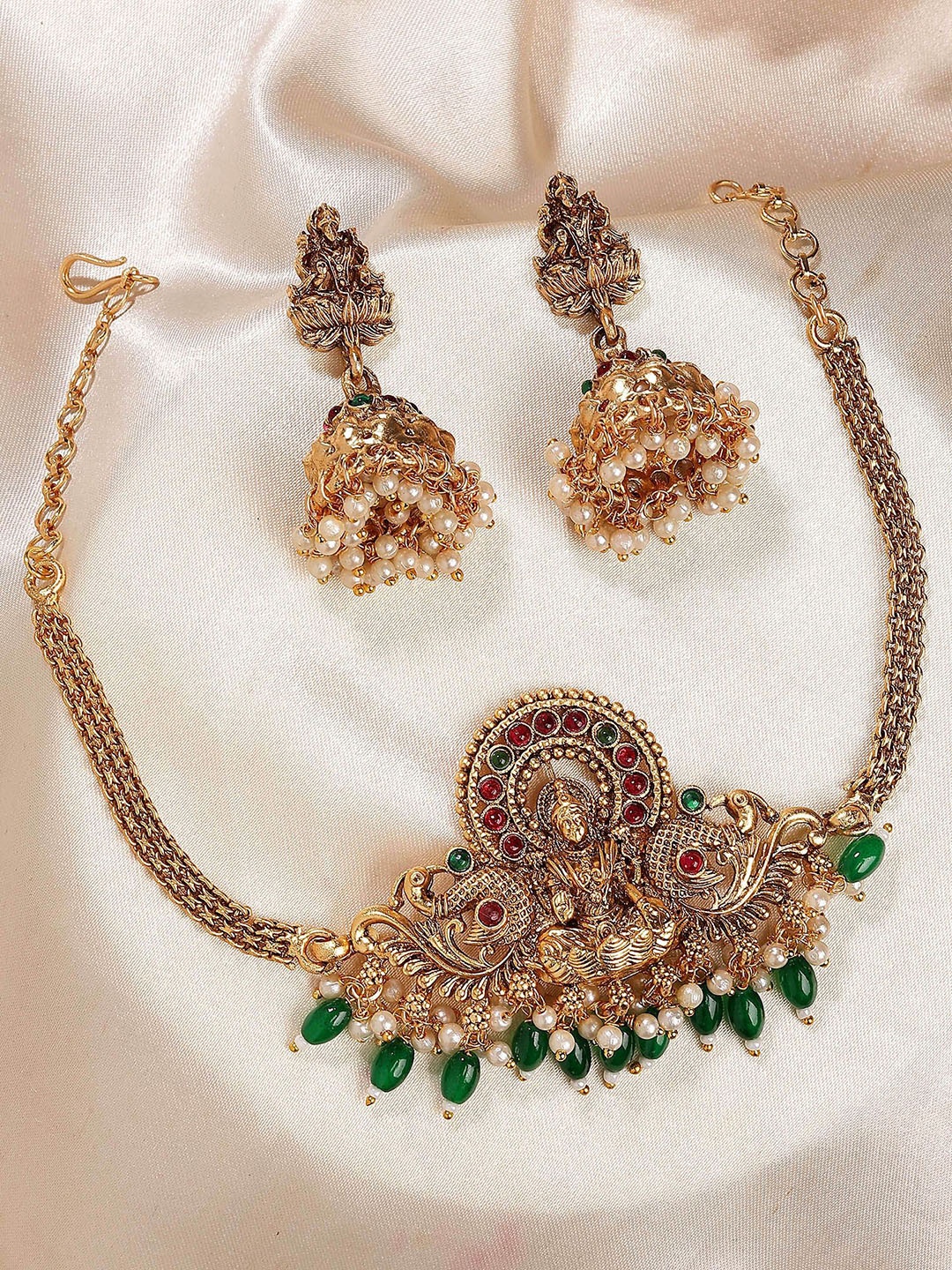 

KARATCART Gold-Plated Stone Studded & Beaded Tumble Laxmi Mata Temple Jewellery Set