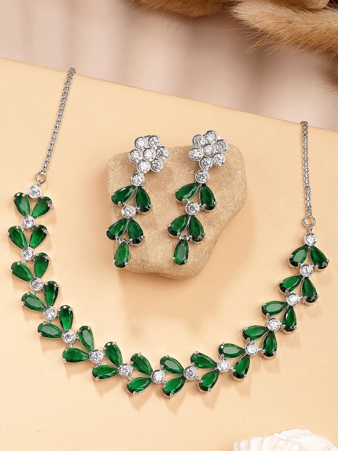 

KARATCART Silver-Plated American Diamond Stone Studded Jewellery Set