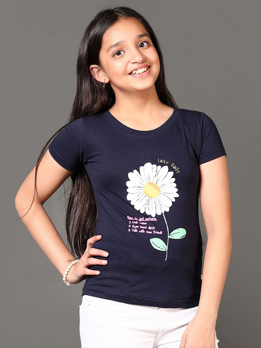 

V-Mart Girls Floral Printed Round Neck Cotton T-shirt, Navy blue