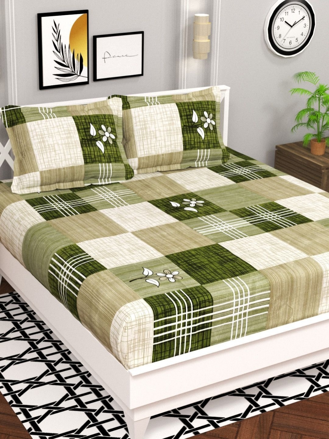 

bsb home Aspire Green & White Geometric Microfiber 140TC Queen Bedsheet Set- 2.2 m x 2.1 m