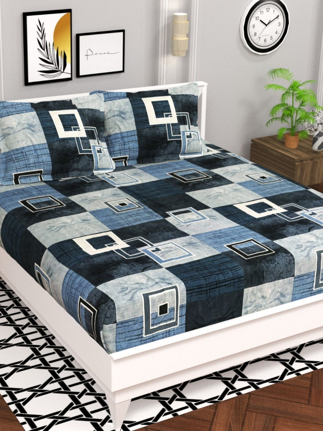 

bsb home Aspire Grey & Blue Geometric Microfiber 140 TC Queen Bedsheet Set- 2.2 m x 2.1 m