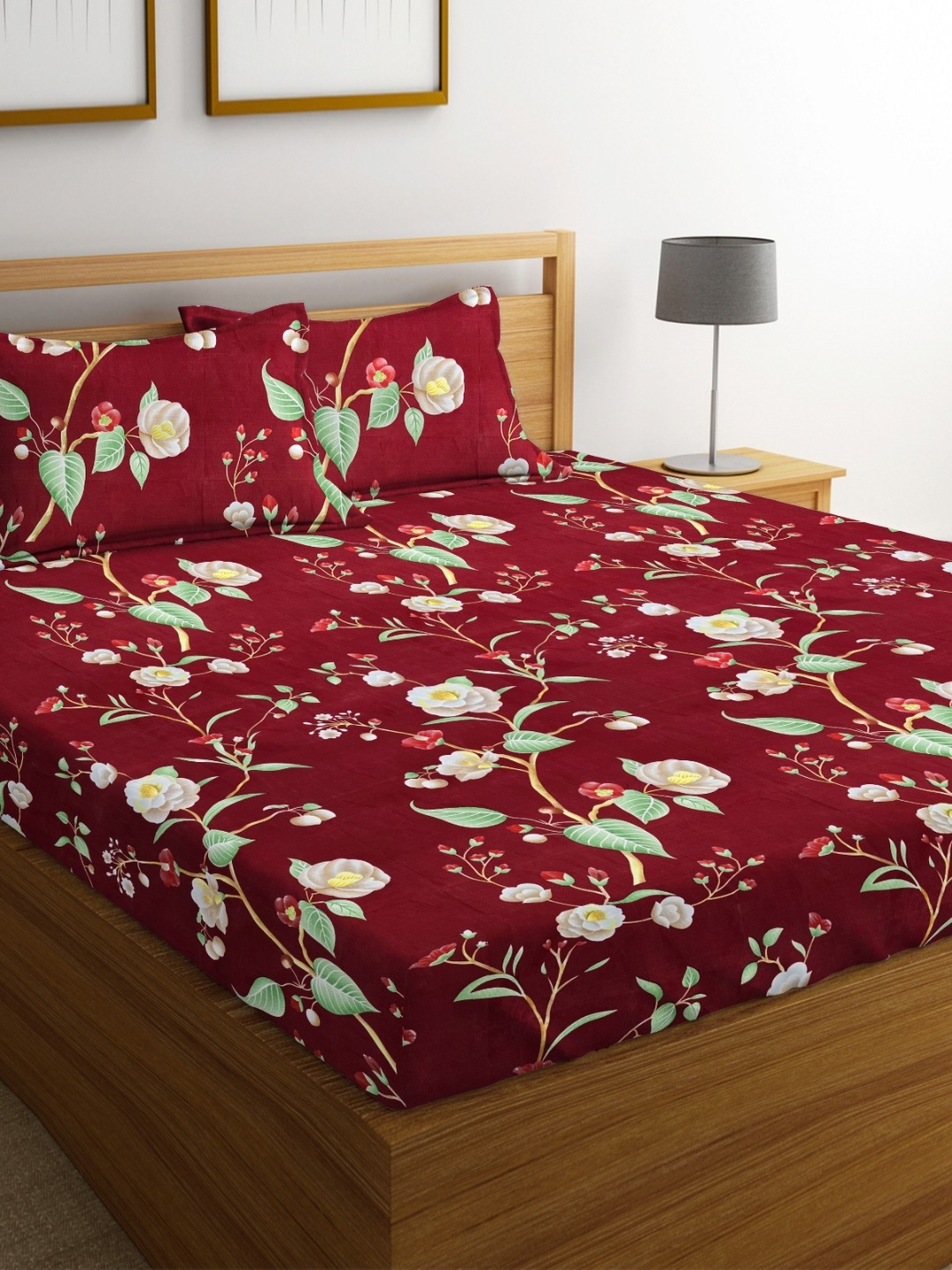 

bsb home Aspire Maroon & Green Floral Microfiber 140 TC Queen Bedsheet Set- 2.2 m x 2.1 m