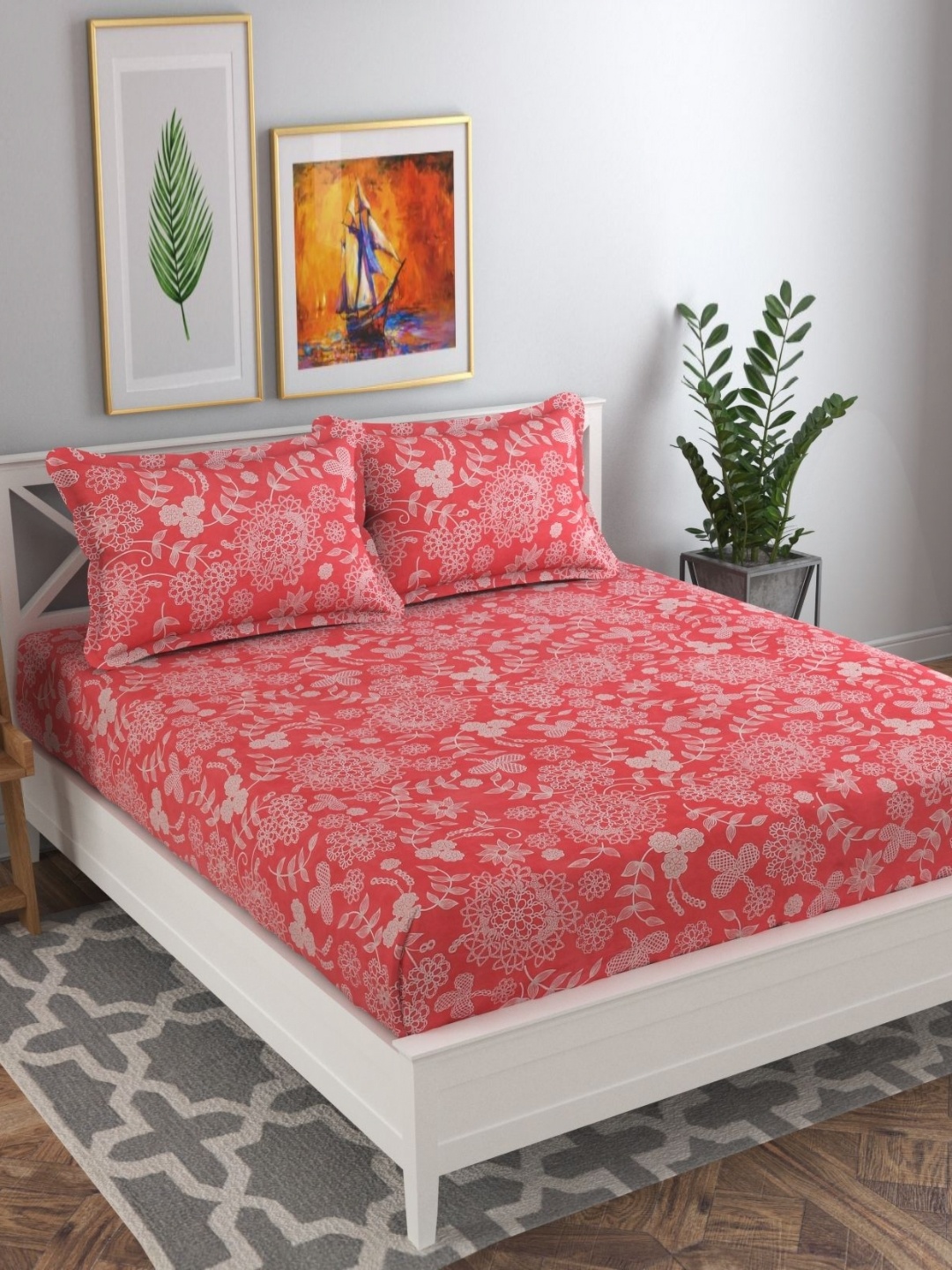 

bsb home Aspire Peach & White Floral Microfiber 140 TC Queen Bedsheet Set- 2.2 m x 2.1 m