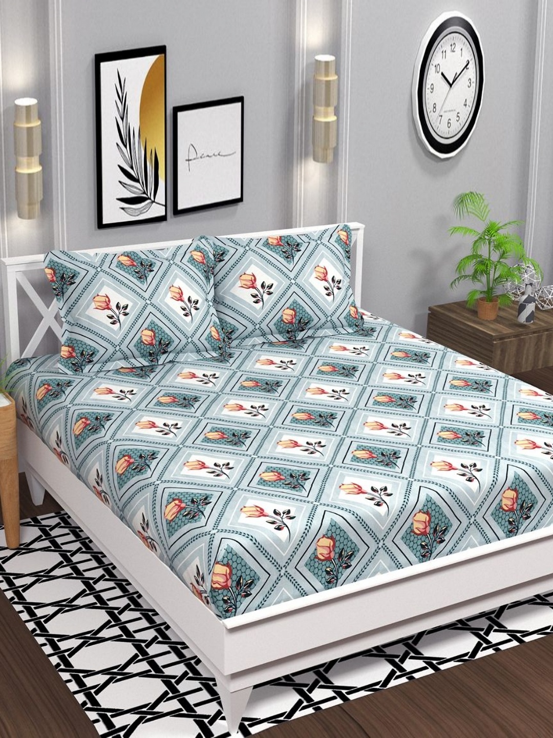 

bsb home Premium Blue Floral Printed Microfiber 140 TC Queen Bedsheet Set- 2.2 m x 2.18 m