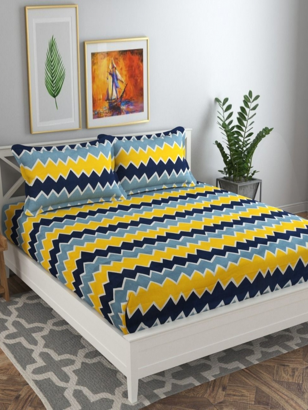 

bsb home Yellow Geometric Printed Microfiber 140 TC Queen Bedsheet Set-2.2m x 2.18m