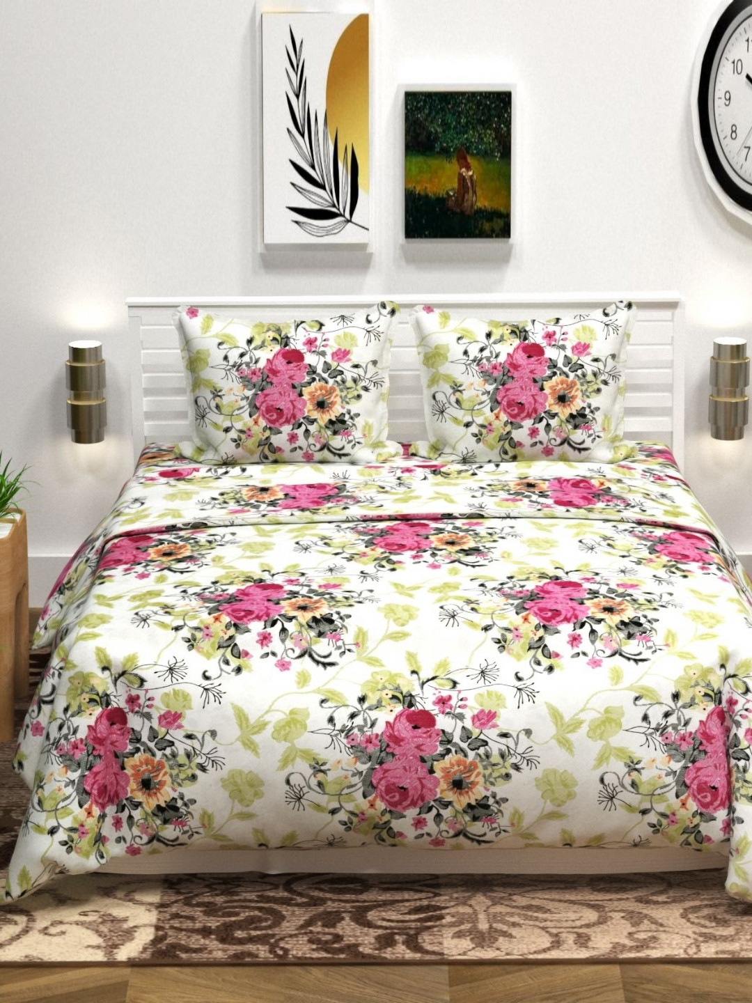 

bsb home Premium Pink Floral Printed Microfiber 140 TC Queen Bedsheet Set- 2.2 m x 2.18 m