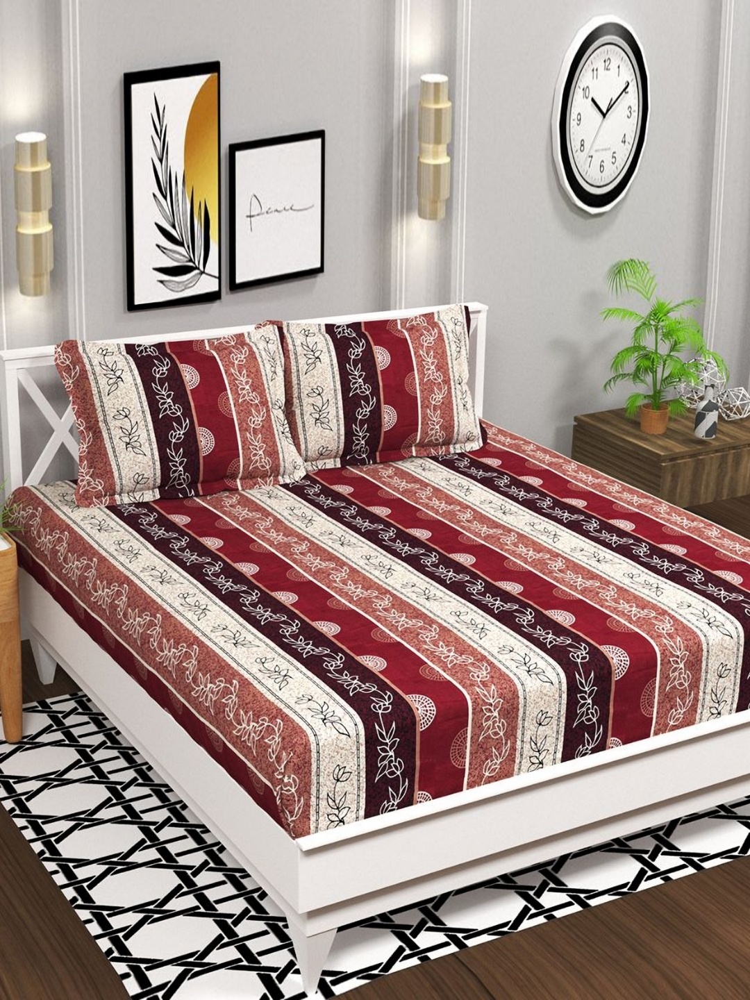 

bsb home Aspire White & Maroon Floral Microfiber 140 TC Queen Bedsheet Set- 2.2 m x 2.1 m