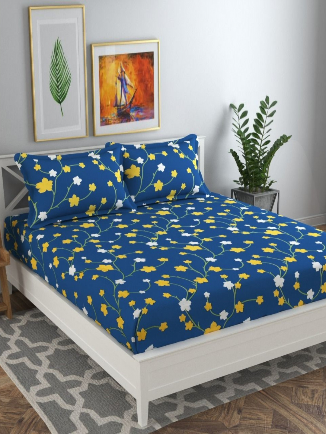 

bsb home Aspire Yellow & Blue Floral Microfiber 140 TC Queen Bedsheet Set- 2.2 m x 2.1 m