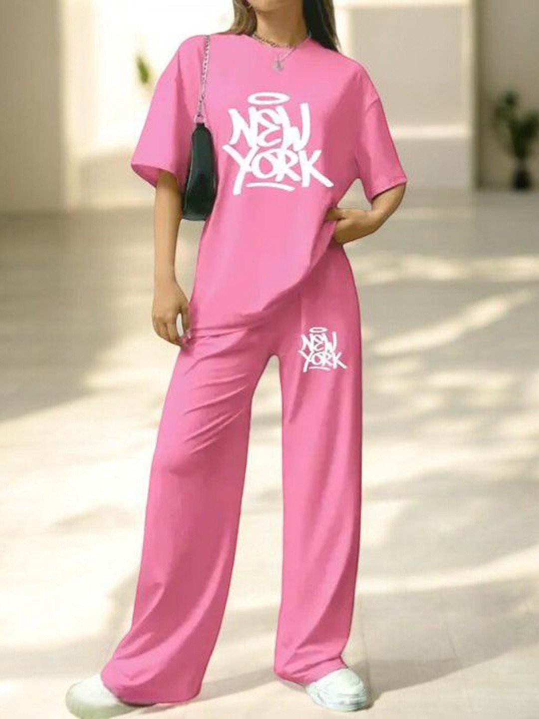 

My Swag Typography Printed Round Neck T-Shirt With Trousers, Pink