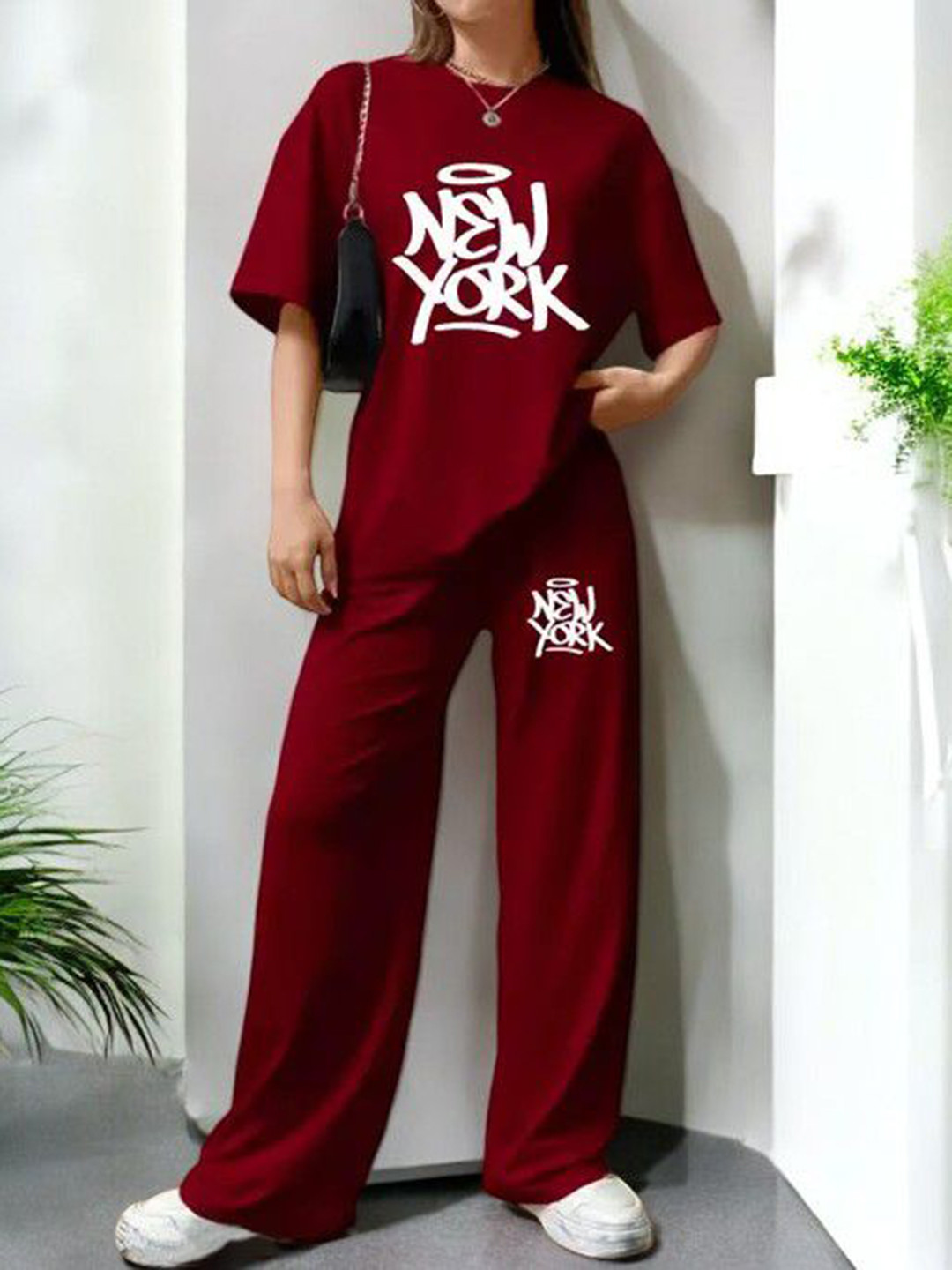 

My Swag Typography Printed Round Neck T-Shirt With Trousers, Maroon