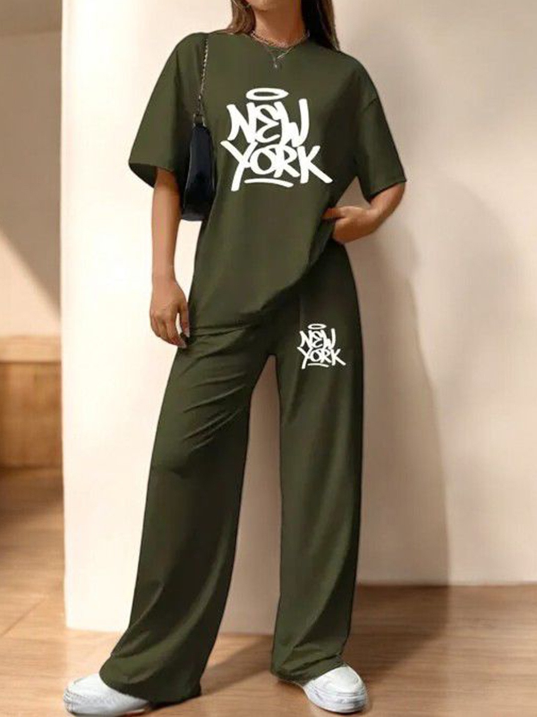 

My Swag Typography Printed Round Neck T-Shirt With Trousers, Olive