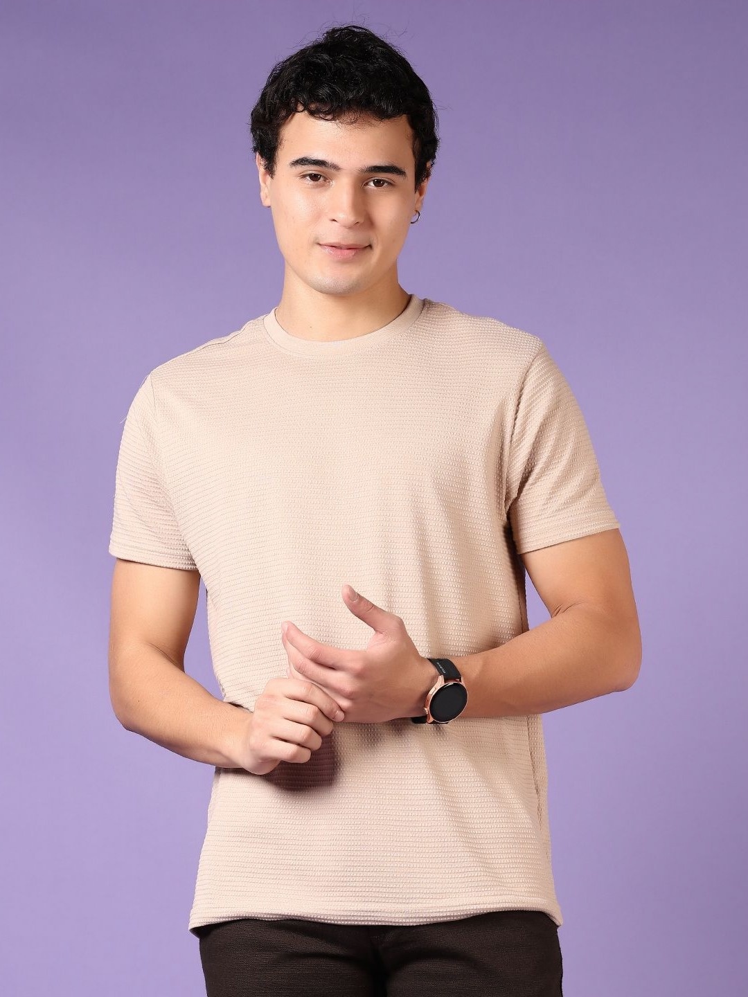 

V-Mart Men Solid Round Neck Cotton T-shirt, Beige